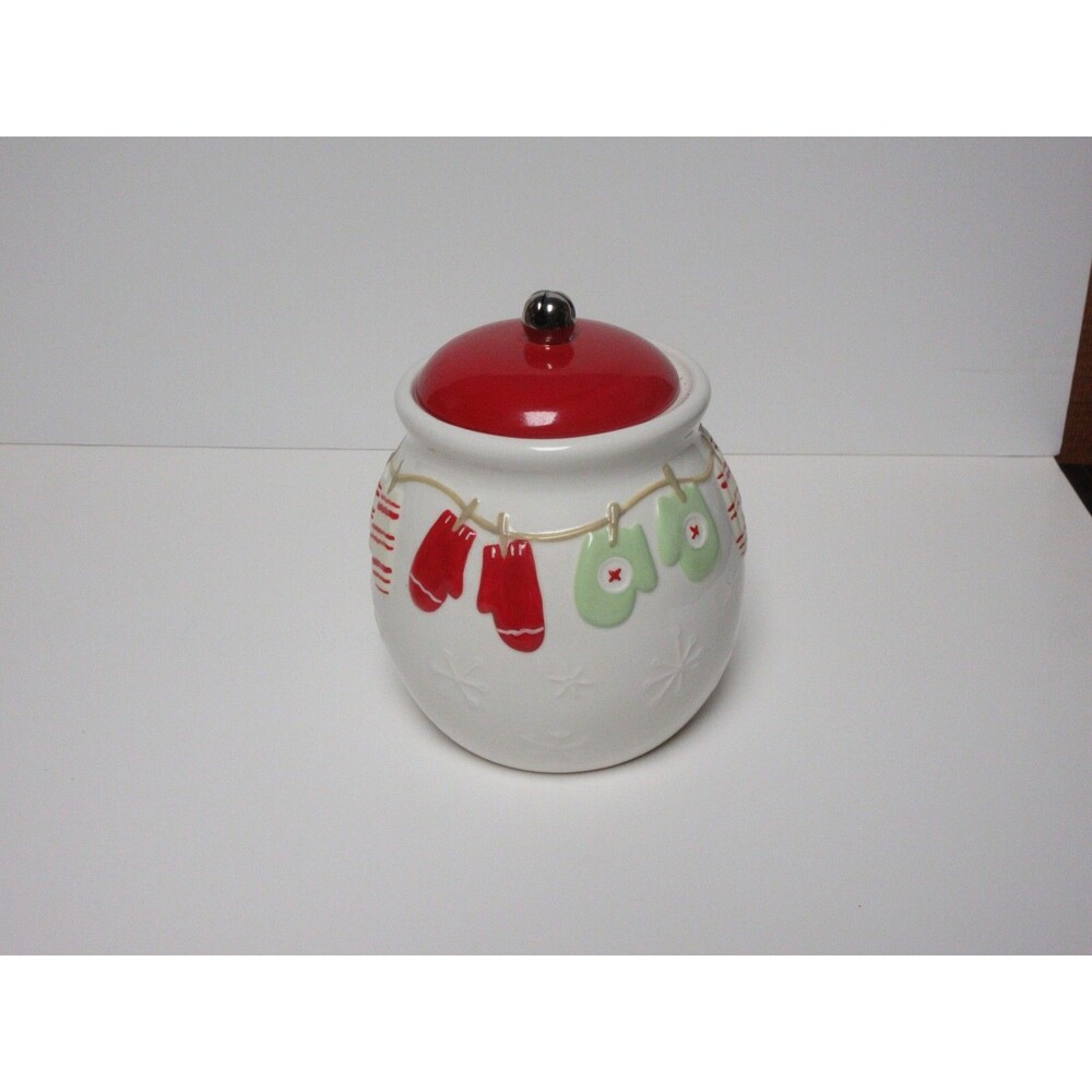 Hallmark Vintage Christmas Cookie Jar Mittens Clothesline Jingle Bell Ceramic